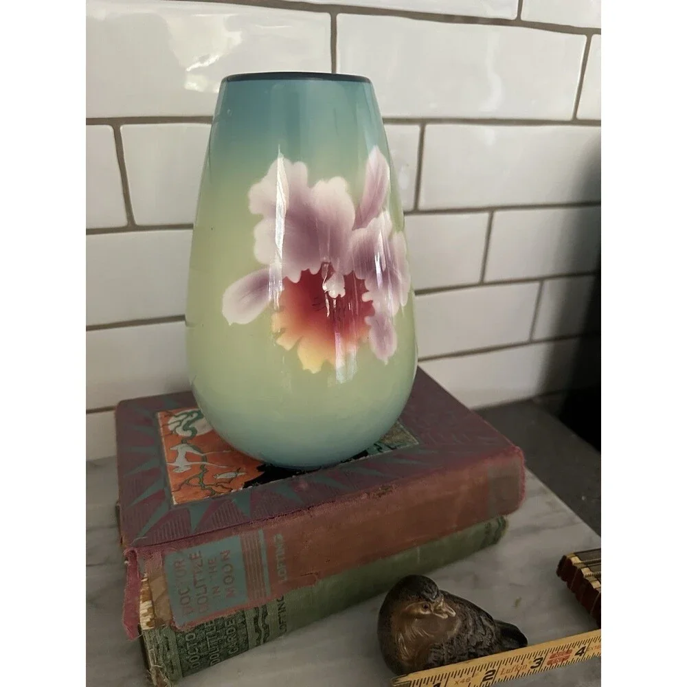 Porcelain MCM Vase in Aqua Blue with Cattleya Flower Fujiclo China Shippo Vase